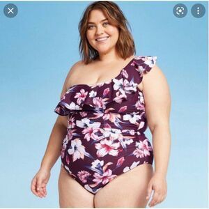 Kona Sol NWT one piece swim suit purple floral ruffle Plus size 18W